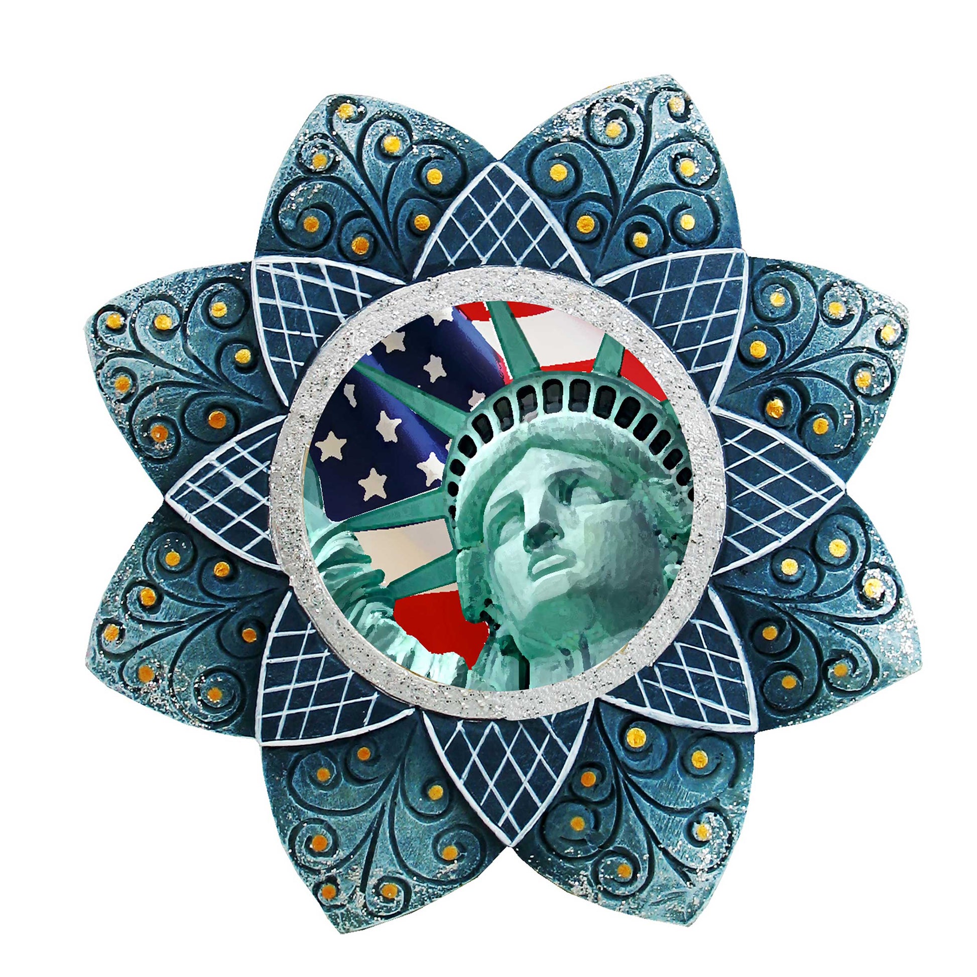 Statue of Liberty Sculpted Hand-Painted Christmas Ornament by G. DeBrekht in a blue star-shaped frame on Tampa Home & Garden Store