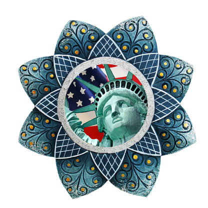 Statue of Liberty Sculpted Hand-Painted Christmas Ornament by G. DeBrekht in a blue star-shaped frame on Tampa Home & Garden Store
