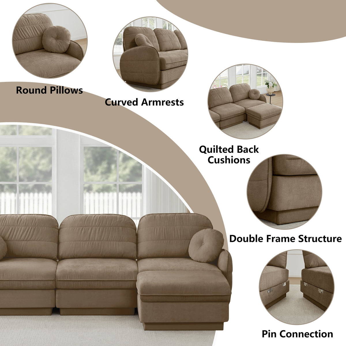 Chenille Cloud L-Shaped Loveseat Sofa in taupe brown with curved arms HouseOfZazla on Tampa Home & Garden Store