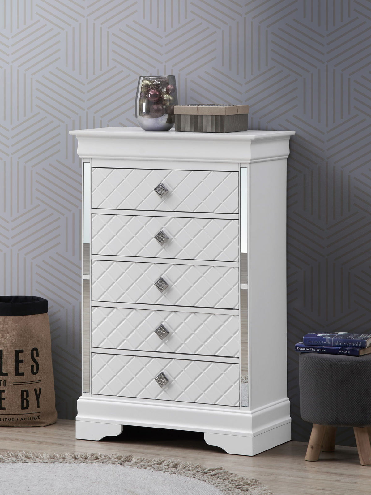 Silver champagne accent chest with embossed X design, white quilted drawer fronts on Tampa Home & Garden Store