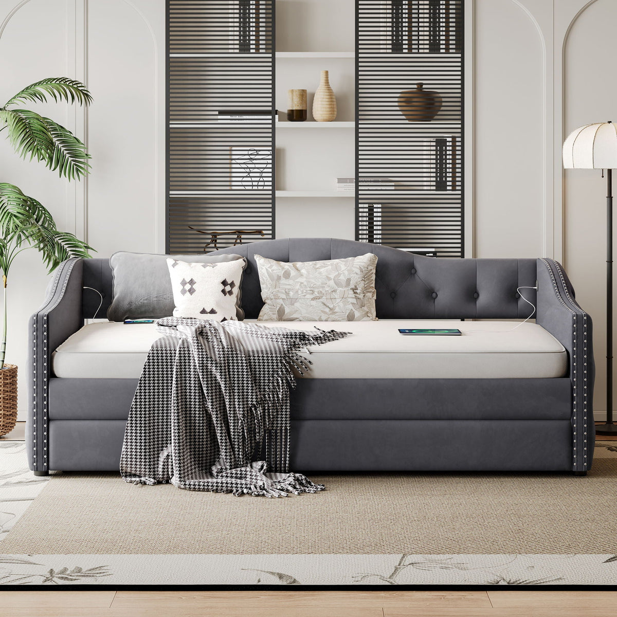 Twin size upholstered daybed with trundle in gray, USB charging design, modern bed frame on Tampa Home & Garden Store