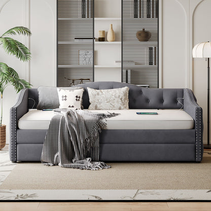 Twin size upholstered daybed with trundle in gray, USB charging design, modern bed frame on Tampa Home & Garden Store