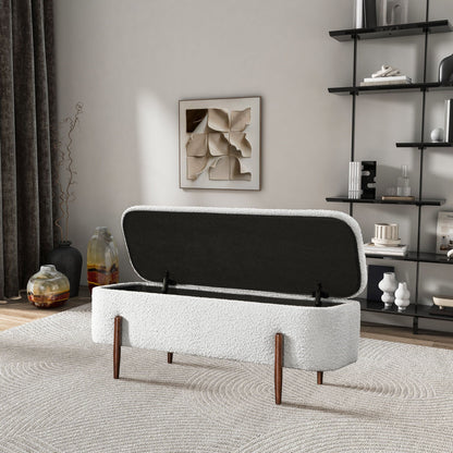 Ivory boucle storage bench with hidden lid, open interior, wooden legs HouseOfZazla on Tampa Home & Garden Store