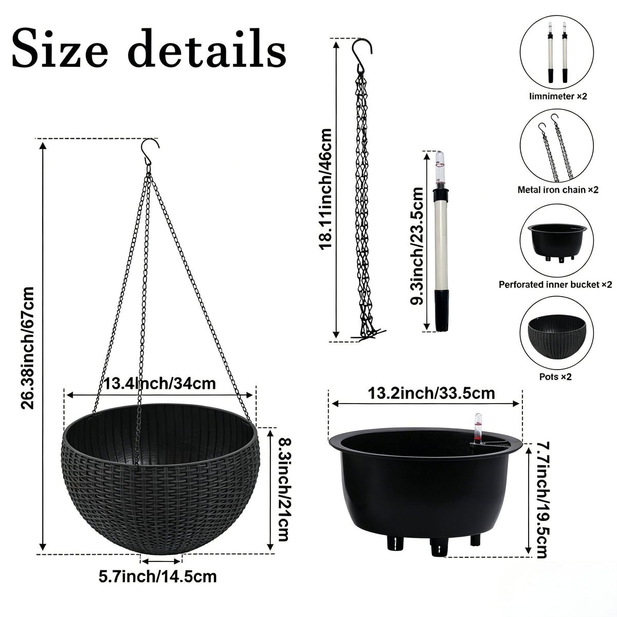 Self Watering Hanging Planter by HouseOfZazla in black wicker with hanging chains and 2 pots on Tampa Home & Garden Store