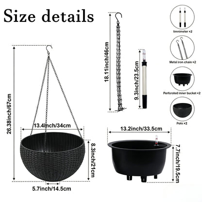 Self Watering Hanging Planter by HouseOfZazla in black wicker with hanging chains and 2 pots on Tampa Home & Garden Store