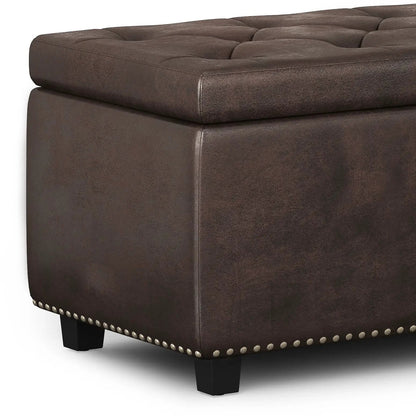Hamilton Upholstered Storage Ottoman dark brown faux leather with tufted lid and nailhead trim on Tampa Home & Garden Store