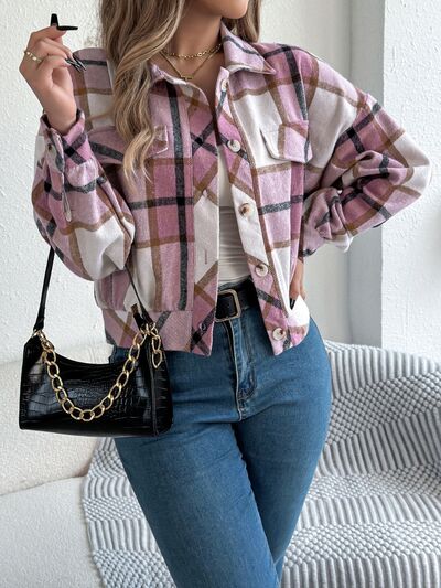 Classic Plaid Button Up Long Sleeve Jacket for Women, pink plaid on Tampa Home & Garden Store