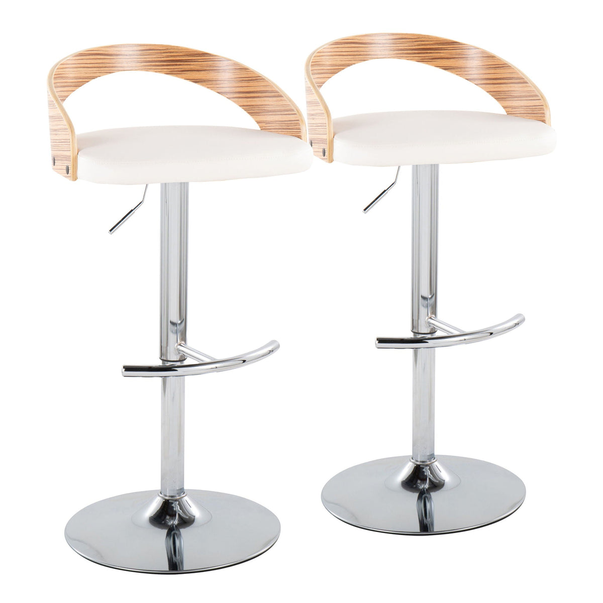 Contemporary adjustable barstools with swivel and white cushions; 2 stools on chrome bases on Tampa Home & Garden Store
