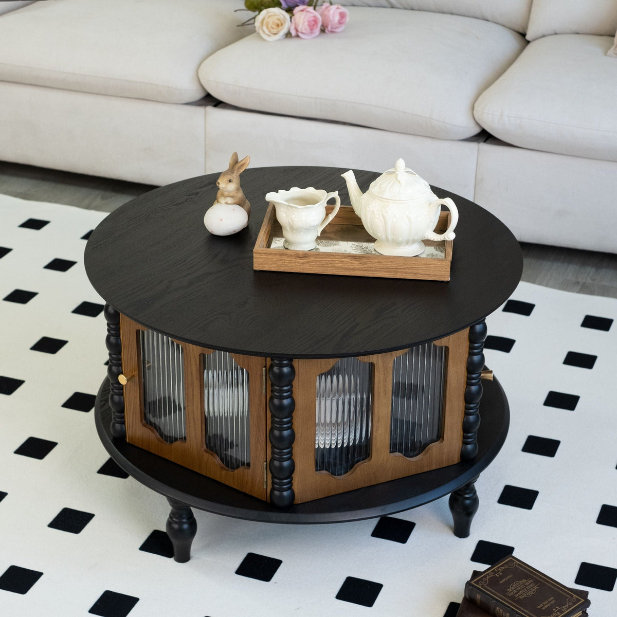 Round storage coffee table with fluted glass doors in dark brown finish by HouseOfZazla on Tampa Home & Garden Store