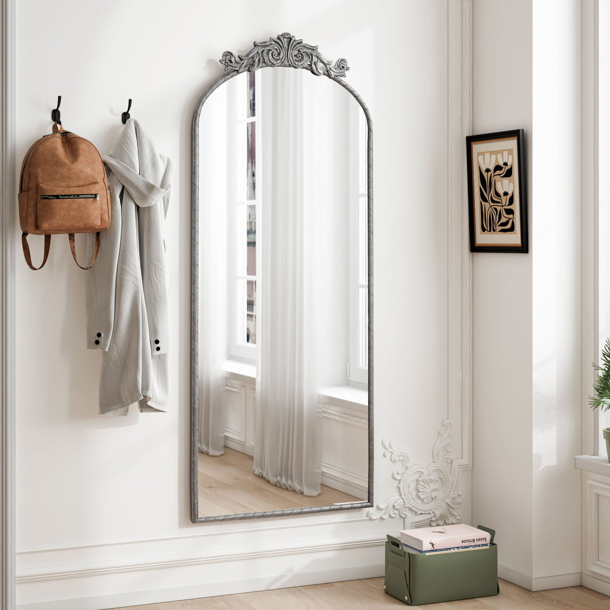 Vintage arched full-body mirror with carved applique bronze or pearl silver finish on Tampa Home & Garden Store