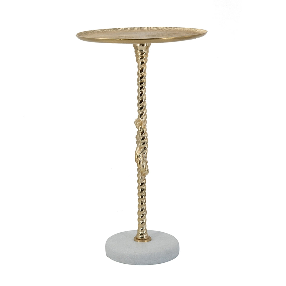 End Table HouseOfZazla gold rope-knot column with round top, white marble base 13.8x13.8x24 on Tampa Home & Garden Store