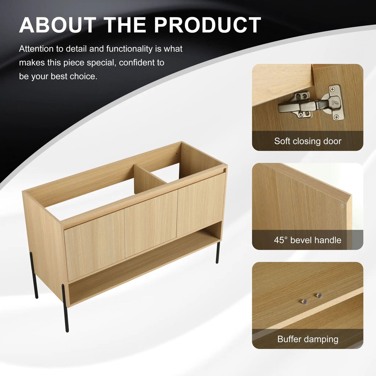 Freestanding bathroom vanity by Unique Piece Furniture with soft-close doors in oak finish on Tampa Home & Garden Store