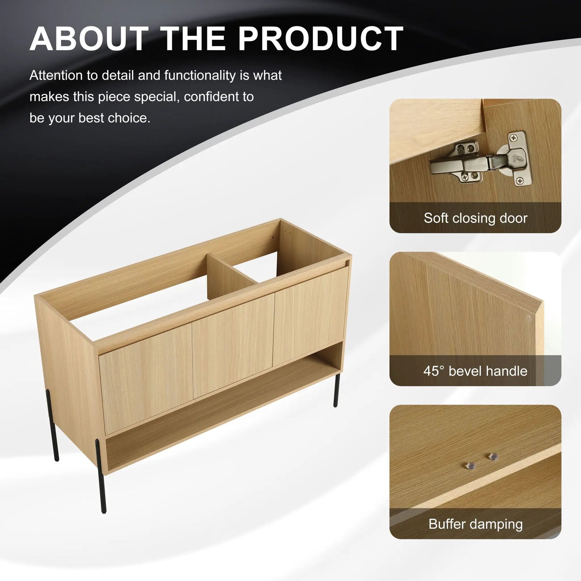 Freestanding bathroom vanity by Unique Piece Furniture with soft-close doors in oak finish on Tampa Home & Garden Store