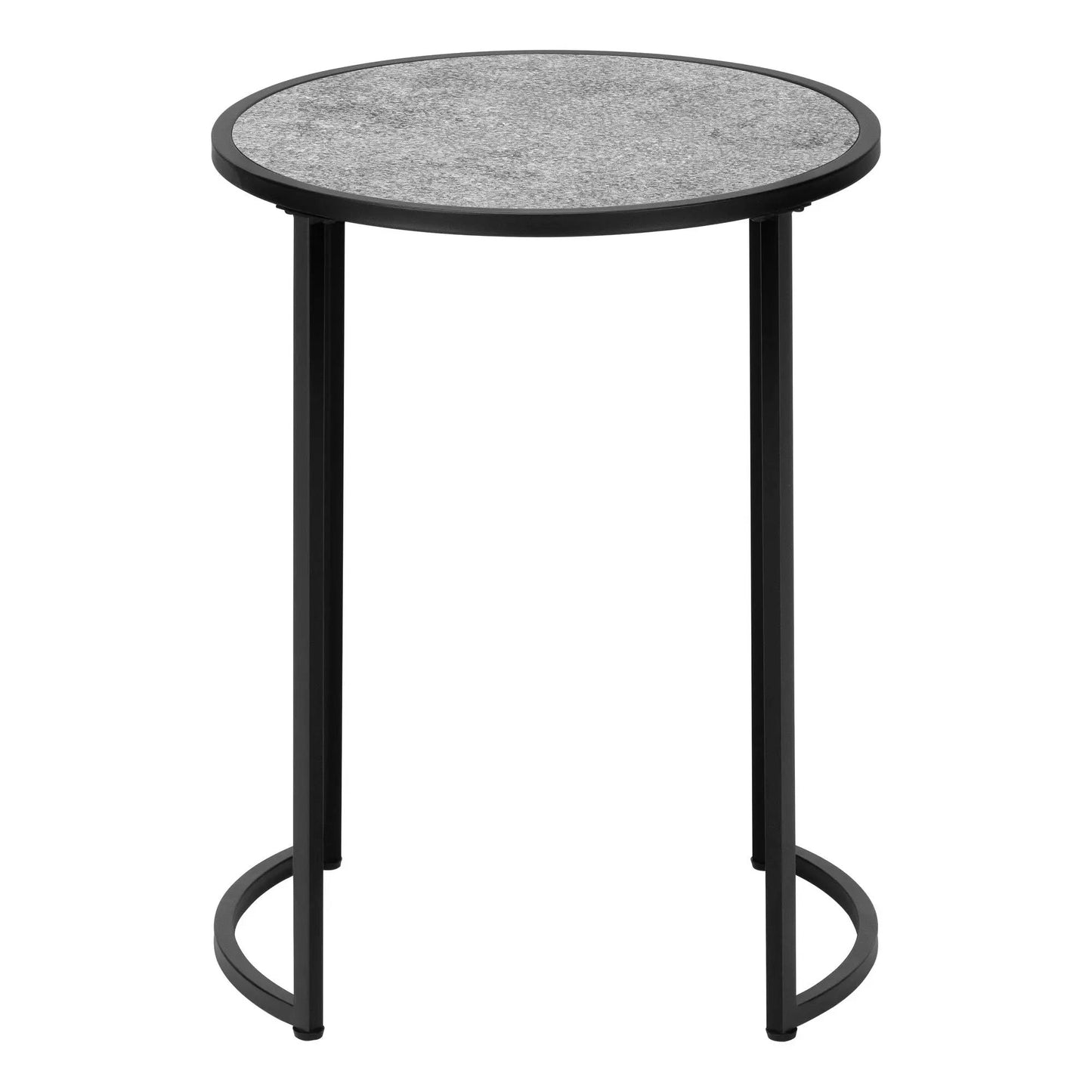 Round accent side table with a terrazzo gray top and black metal legs in a contemporary design on Tampa Home & Garden Store