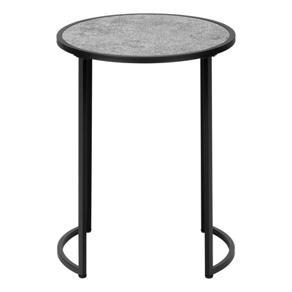 Round accent side table with a terrazzo gray top and black metal legs in a contemporary design on Tampa Home & Garden Store