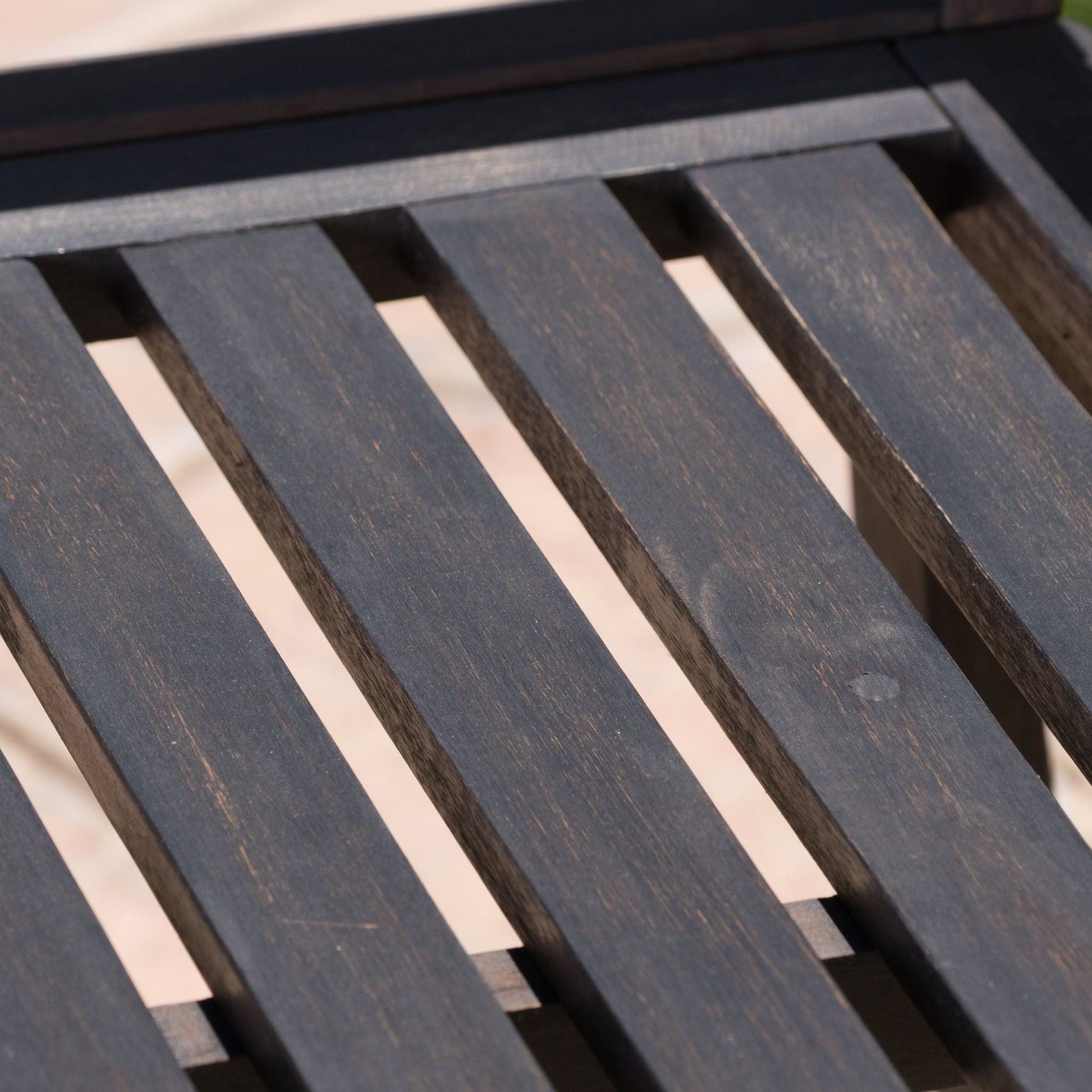Farmhouse Style Loja Bench outdoor slatted wood with dark stain on Tampa Home & Garden Store