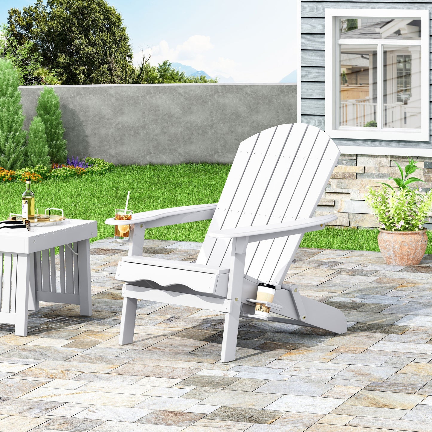 Zenithia outdoor foldable Adirondack chairs set of 2 in white with 2 cup holders on Tampa Home & Garden Store