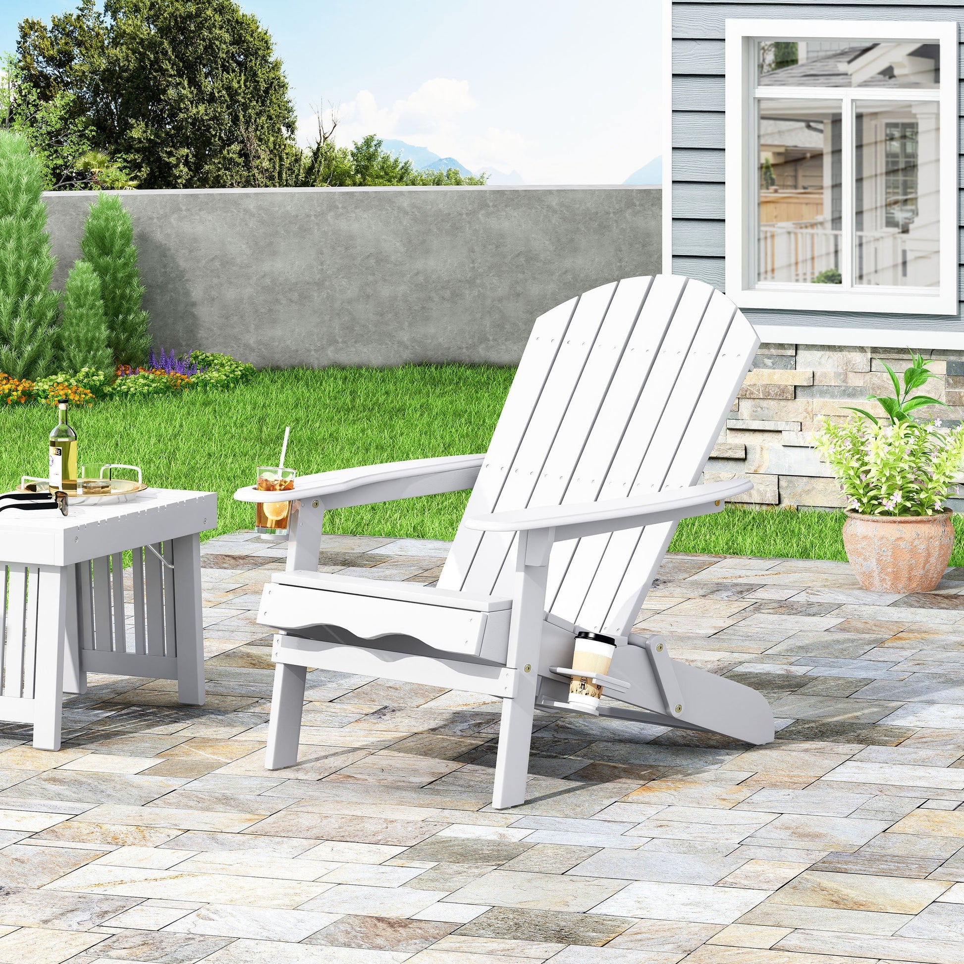 Zenithia outdoor foldable Adirondack chairs set of 2 in white with 2 cup holders on Tampa Home & Garden Store