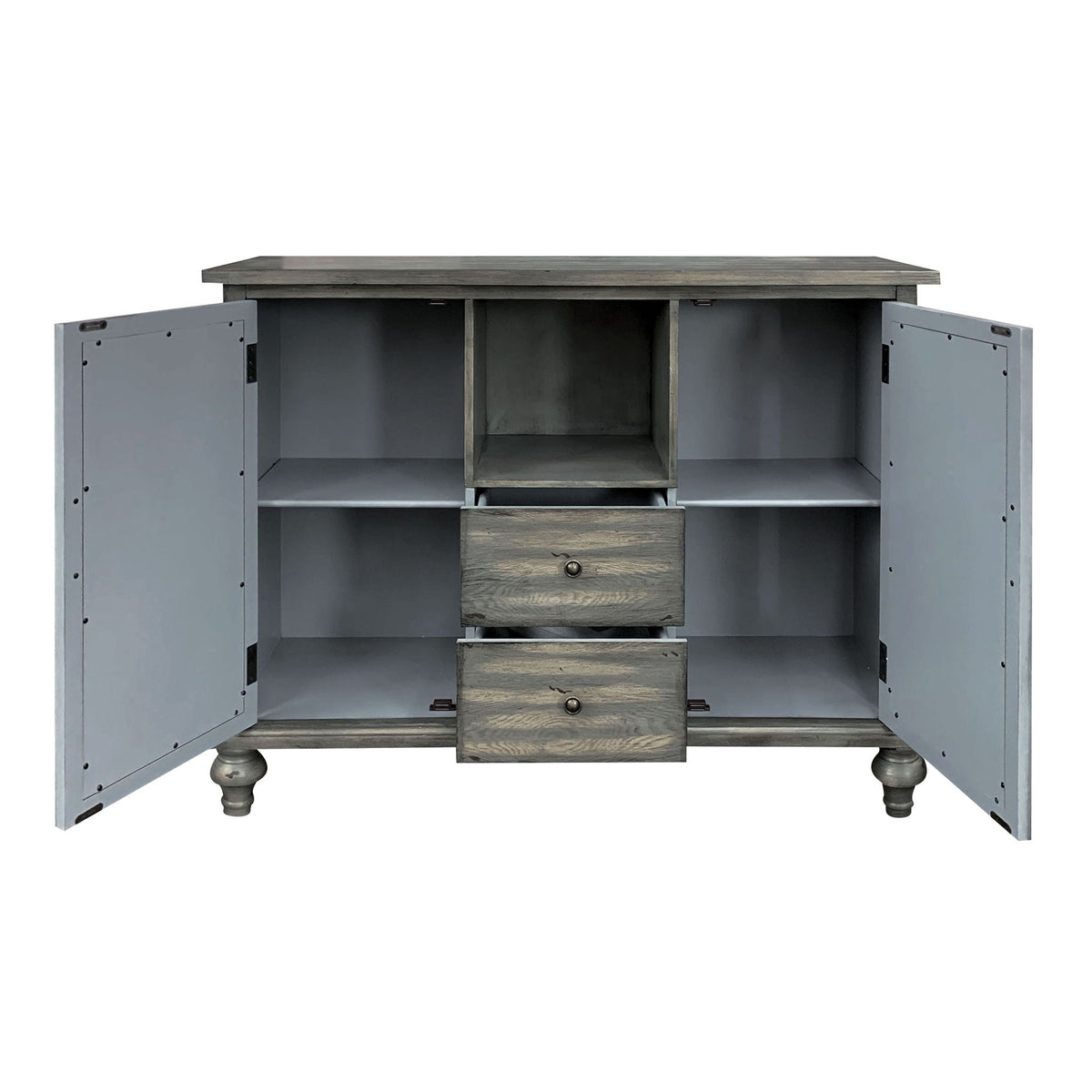 Weathered gray Velika console table with open storage compartments on Tampa Home & Garden Store