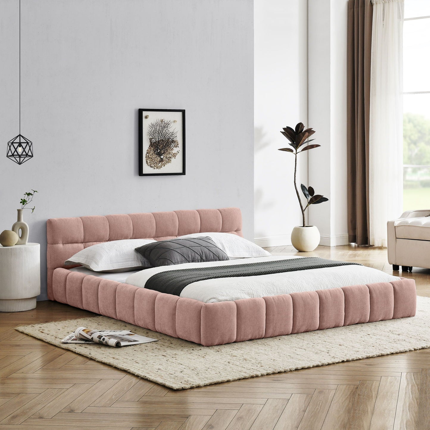 Modern Platform Bed and Thick Fabric Headboard