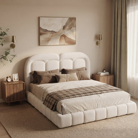 King size boucle upholstered platform bed with tufted cream headboard and two nightstands on Tampa Home & Garden Store