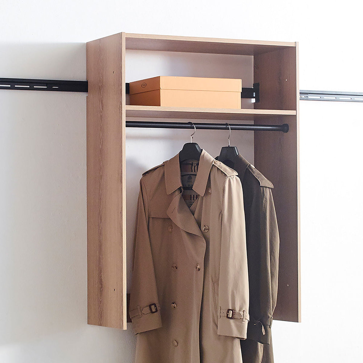 Wall mounted wood closet system HouseOfZazla light brown triple wardrobe with jackets on rod on Tampa Home & Garden Store