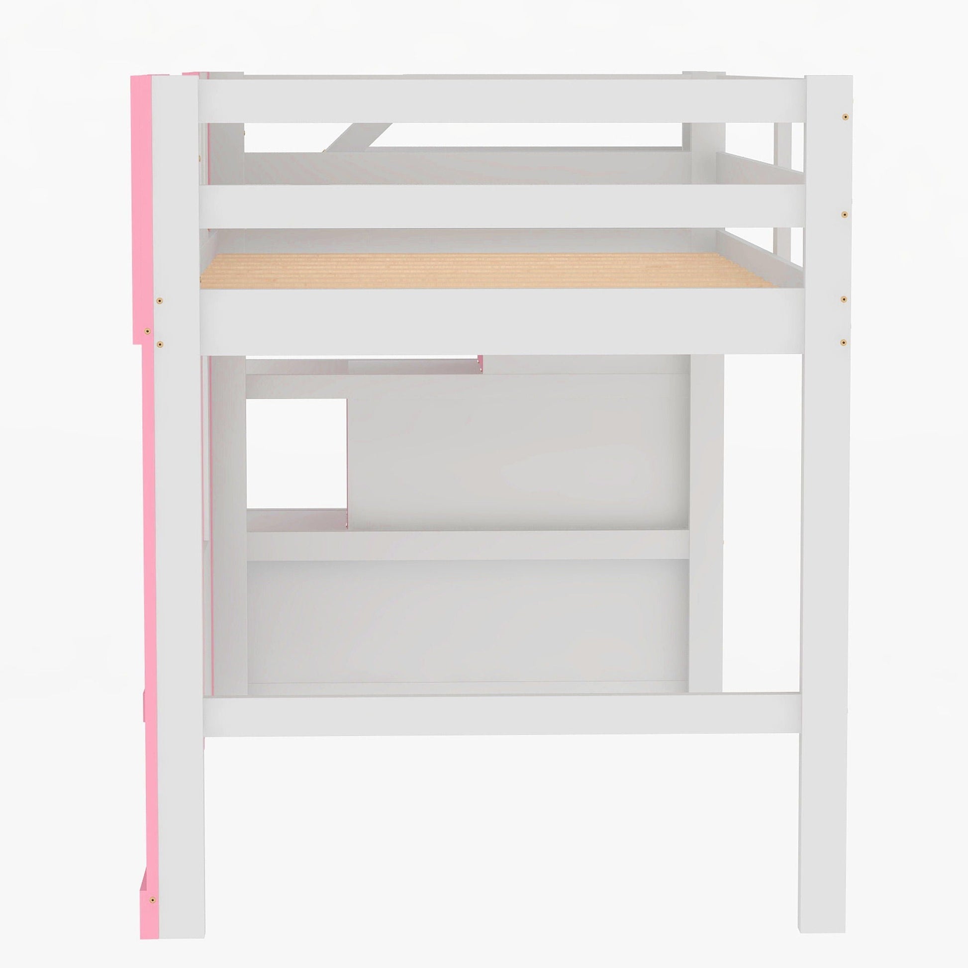 Loft bed with storage staircase and windows, white finish with pink accents on Tampa Home & Garden Store