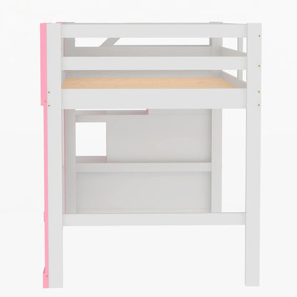 Loft bed with storage staircase and windows, white finish with pink accents on Tampa Home & Garden Store
