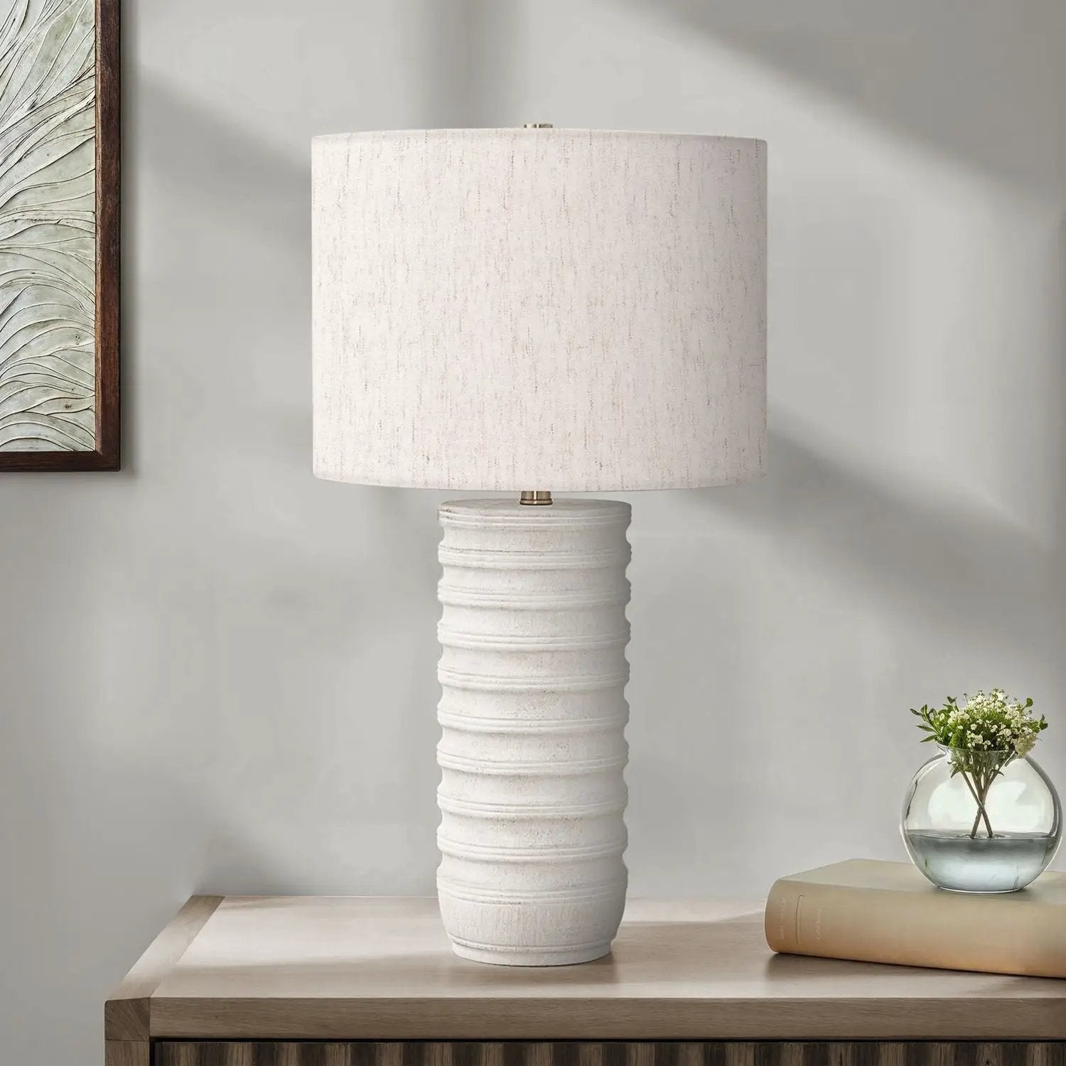 Table lamp cream resin, transitional style with ribbed base and cream shade on Tampa Home & Garden Store