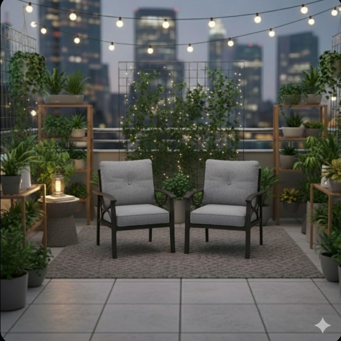 All-weather armchairs set of 2 by HouseOfZazla with gray cushions sculptural dark frames rooftop on Tampa Home & Garden Store