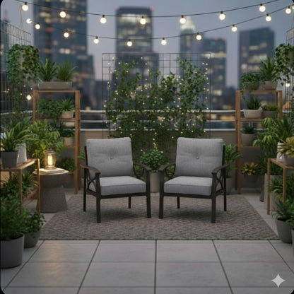 All-weather armchairs set of 2 by HouseOfZazla with gray cushions sculptural dark frames rooftop on Tampa Home & Garden Store