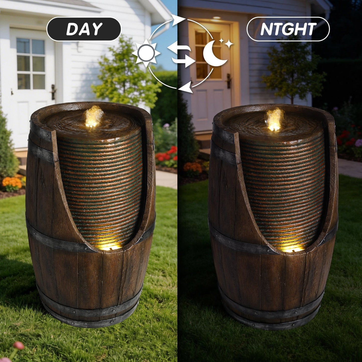 Outdoor Barrel Water Fountain with Rustic Wood Look Resin by HouseOfZazla, dual day/night views on Tampa Home & Garden Store
