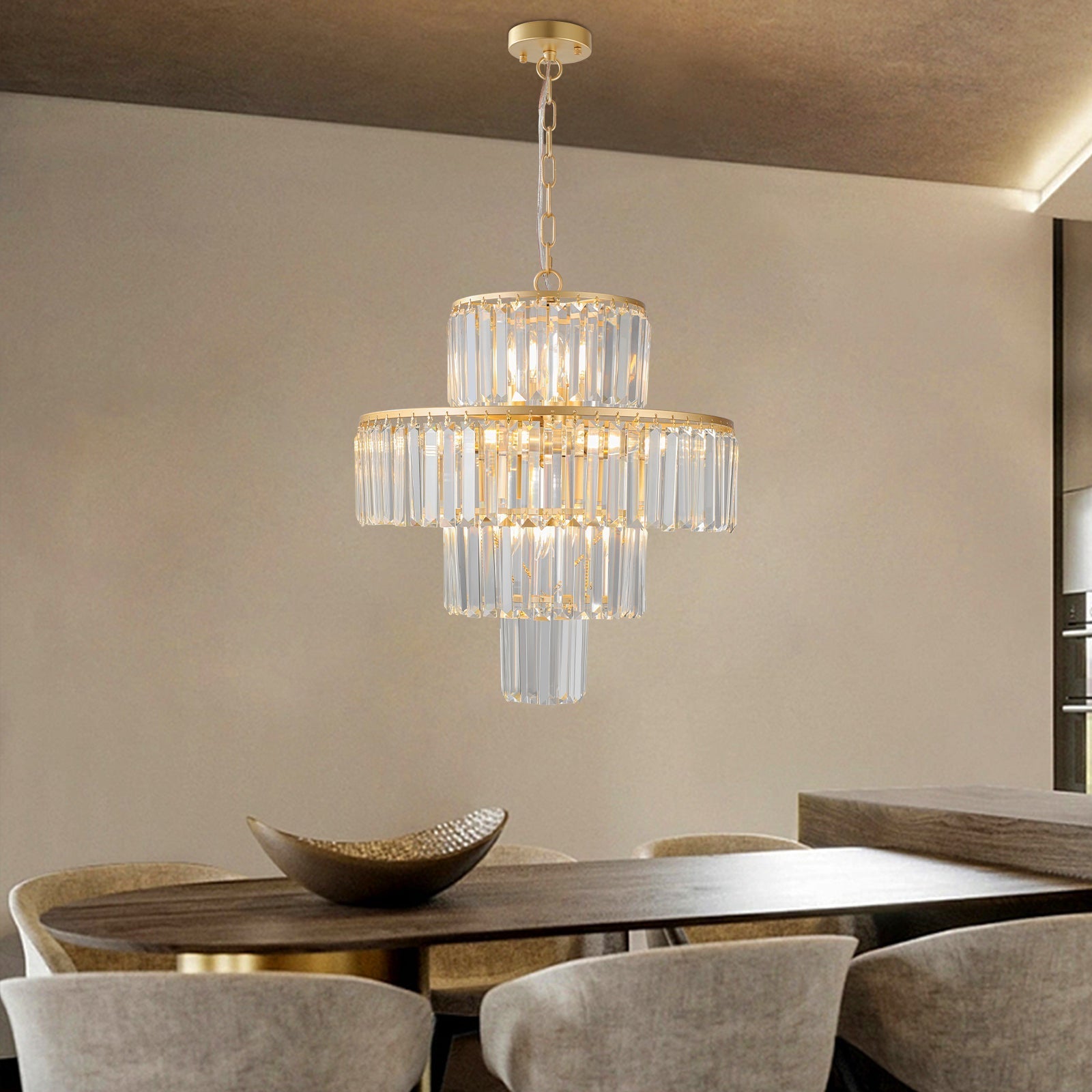 20' Luxury 4-Tier Crystal Chandelier with gold frame and 12-light prisms HouseOfZazla light on Tampa Home & Garden Store