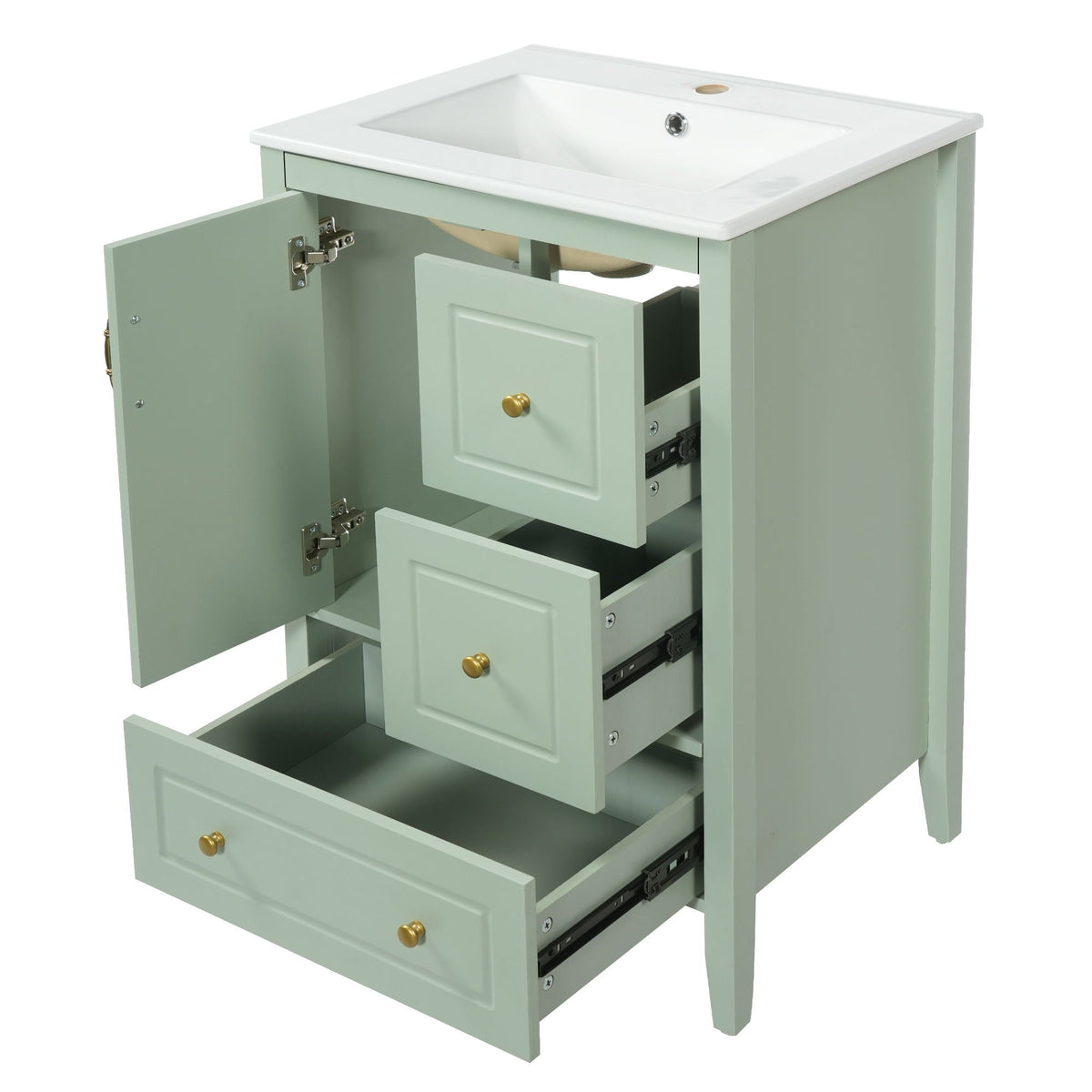 Retro bathroom vanity with ceramic sink and soft-closing drawers in sage green on Tampa Home & Garden Store