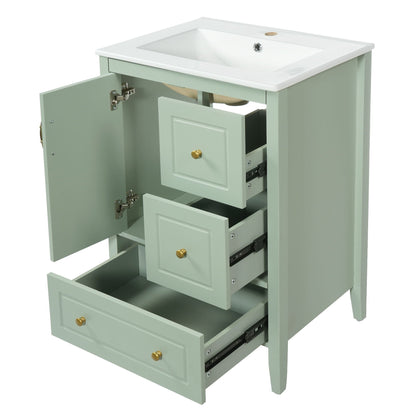Retro bathroom vanity with ceramic sink and soft-closing drawers in sage green on Tampa Home & Garden Store