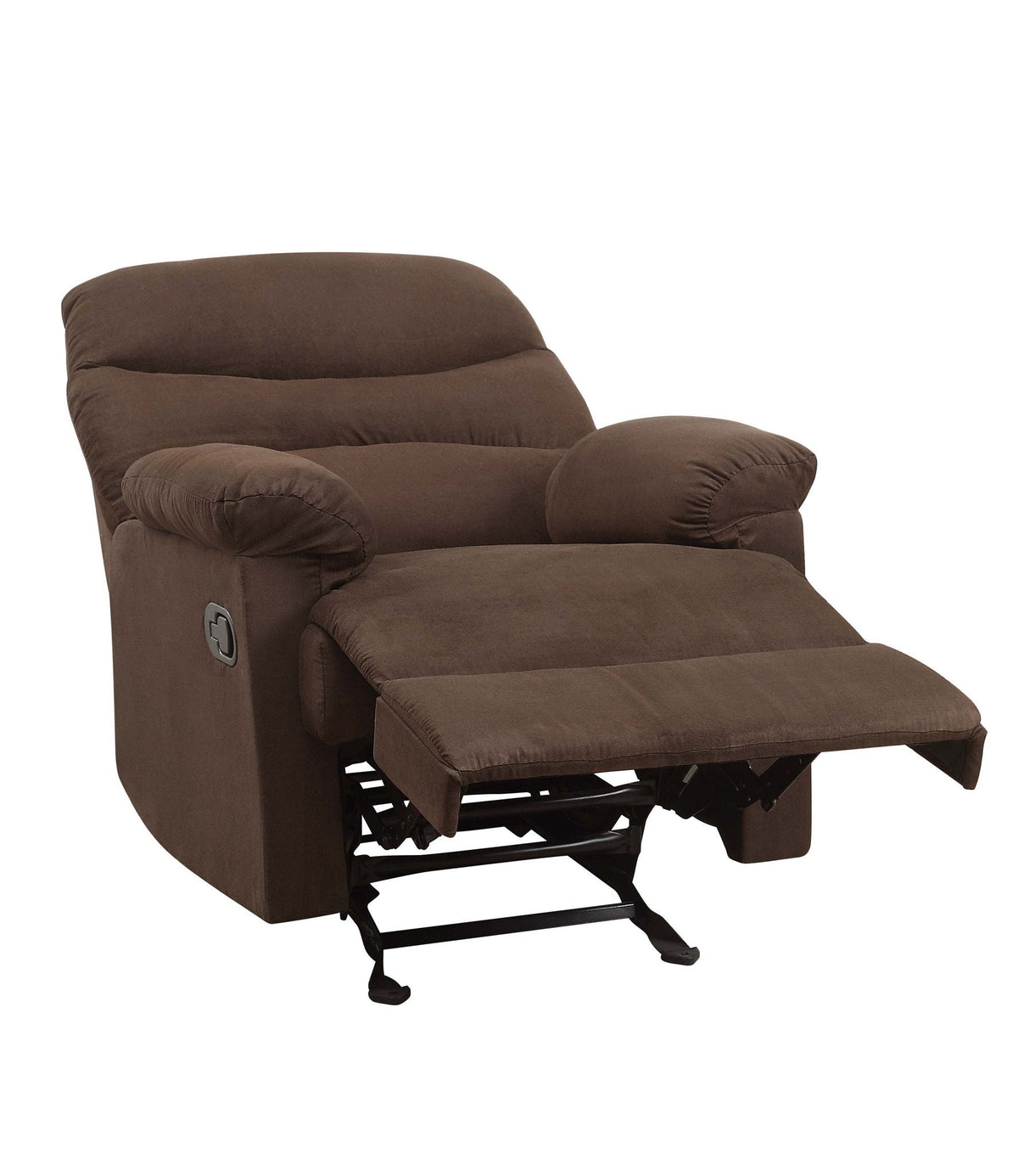 Arcadia Micro Motion Glider Recliner brown fabric with extended footrest and plush cushions on Tampa Home & Garden Store