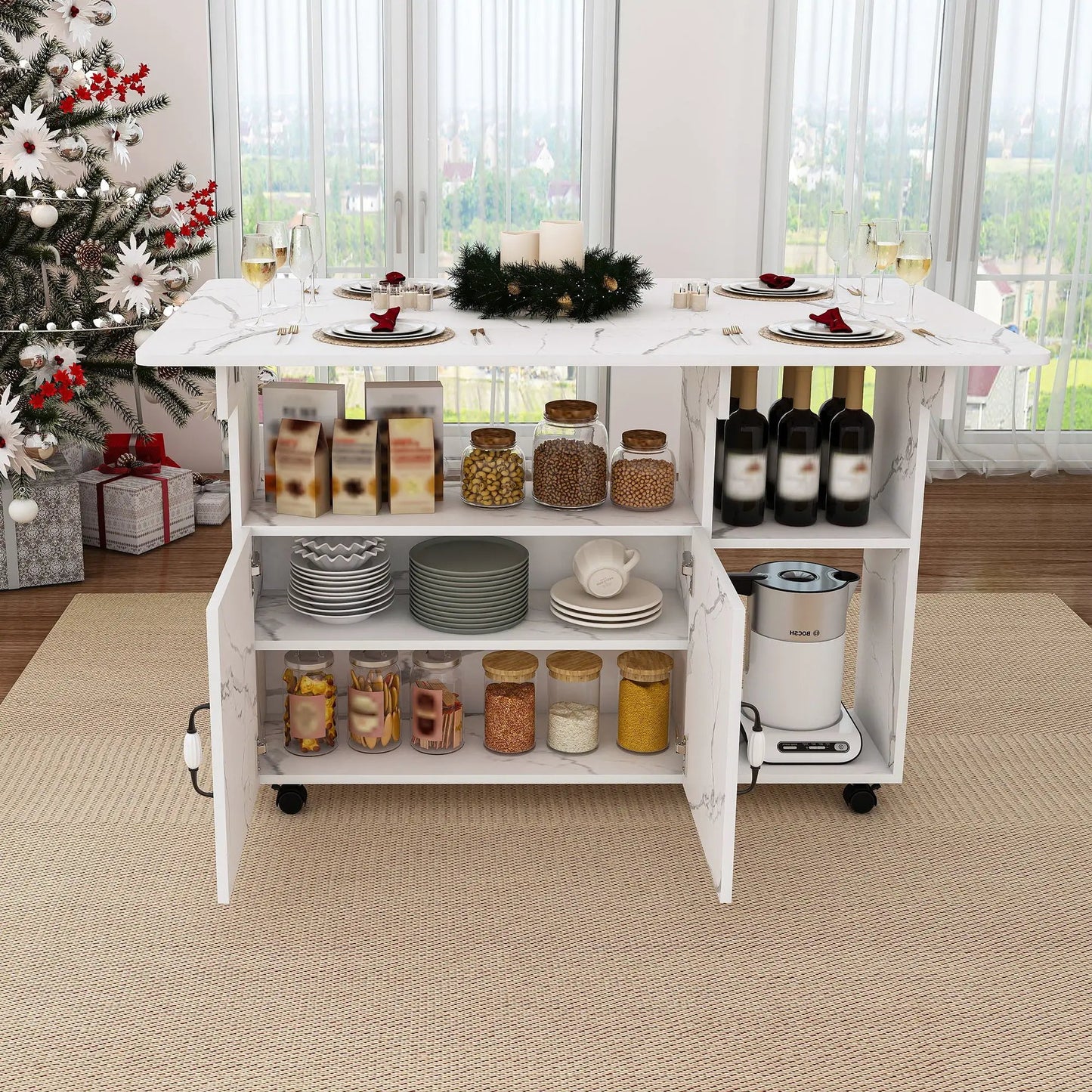 Multi Functional Folding Island with Storage Shelves and Wheels, white marble top on Tampa Home & Garden Store