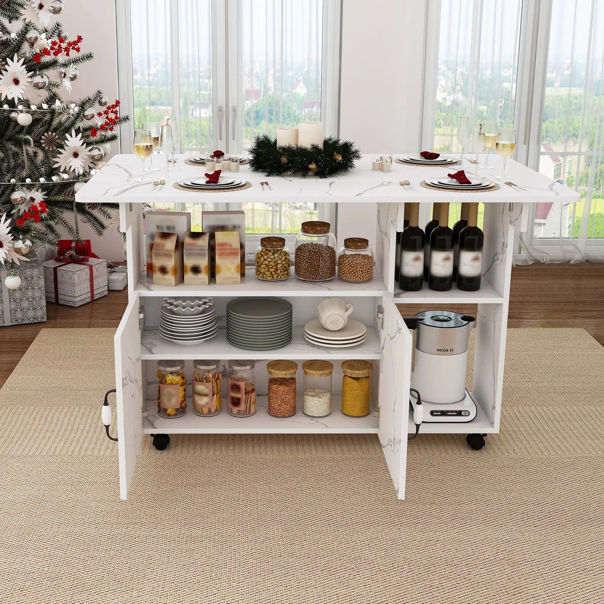 Multi Functional Folding Island with Storage Shelves and Wheels, white marble top on Tampa Home & Garden Store
