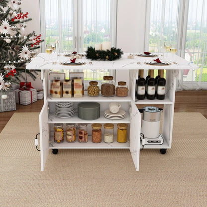 Multi Functional Folding Island with Storage Shelves and Wheels, white marble top on Tampa Home & Garden Store