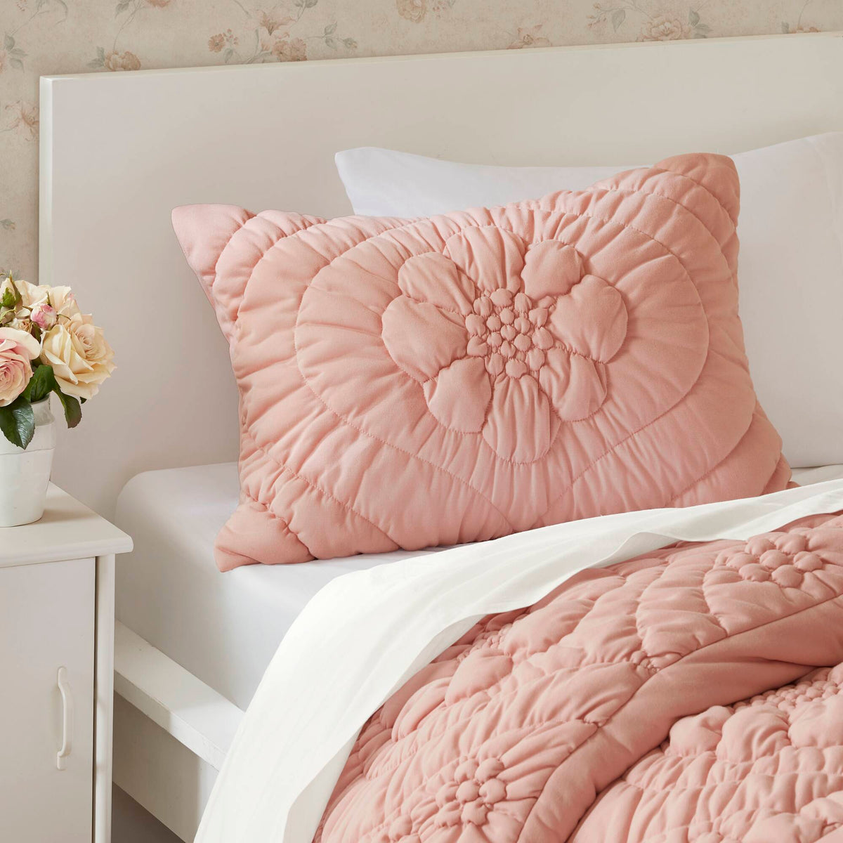 HouseOfZazla pink quilted 3-piece full/queen comforter set on white bed on Tampa Home & Garden Store