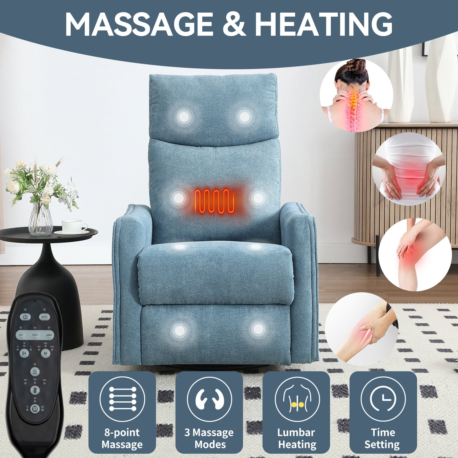 Heat Massage Recliner Chair blue fabric by HouseOfZazla with lumbar heating, rocker and swivel on Tampa Home & Garden Store