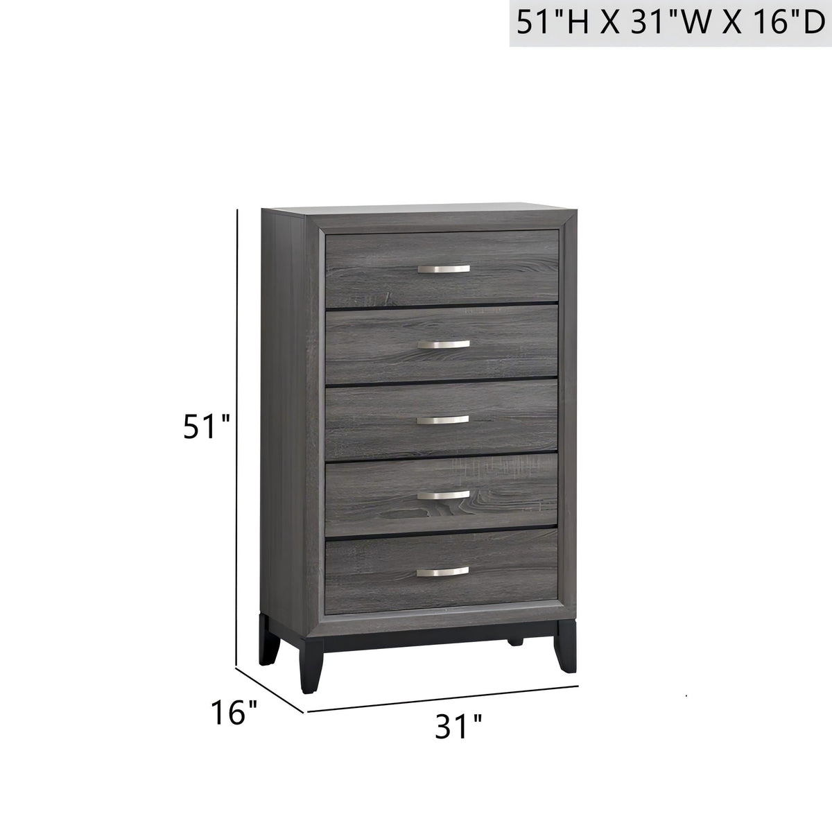 5-drawer dovetail chest in gray and white, HouseOfZazla accent chest with metal handles, 51 in tall on Tampa Home & Garden Store