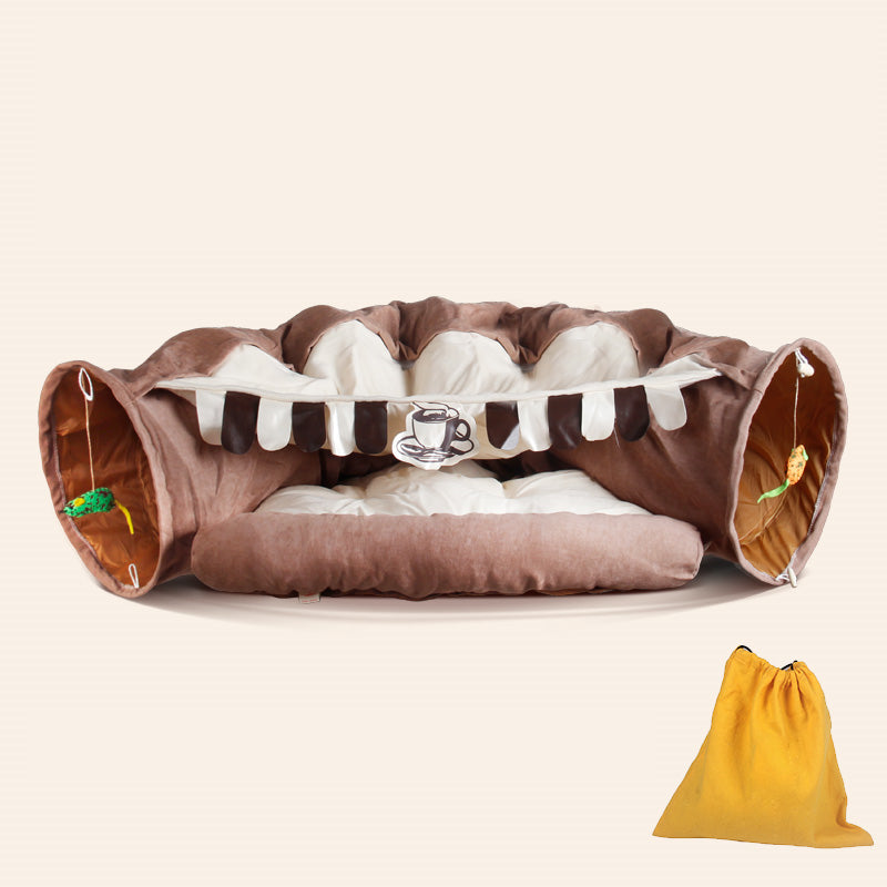 Four Seasons Universal Cat Tunnel Bed brown plush with beige cushions includes yellow bag on Tampa Home & Garden Store