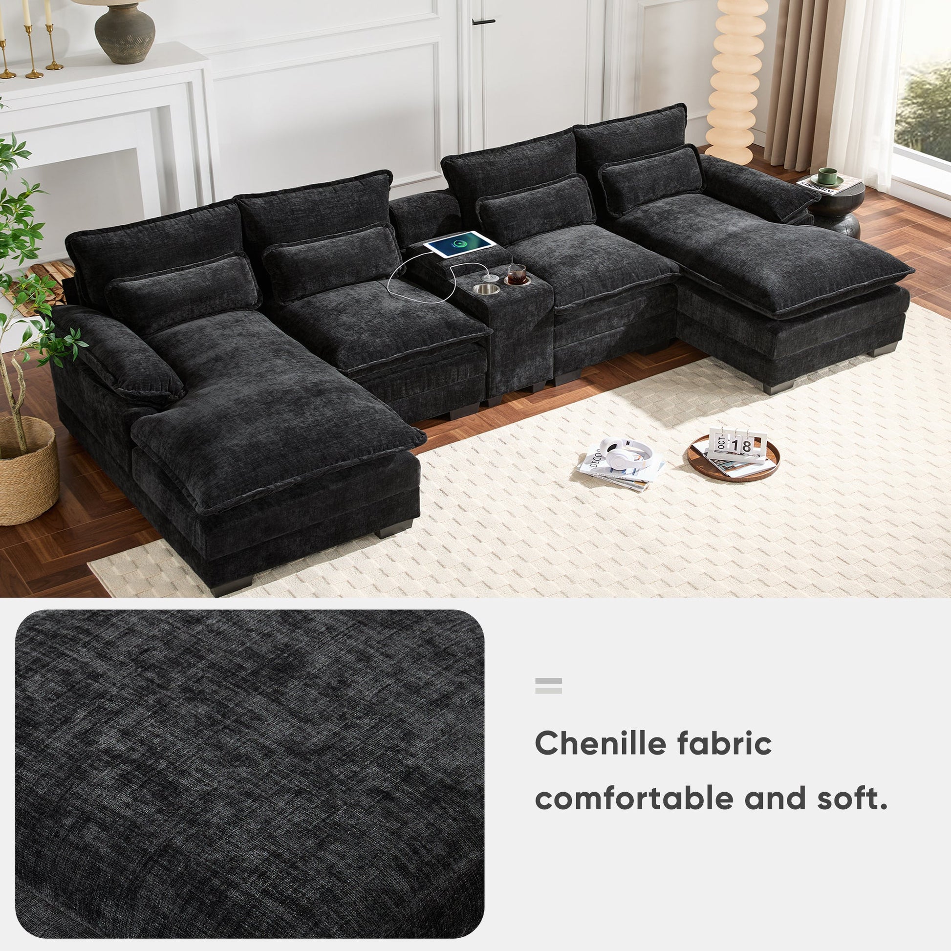 Modern U-shaped sectional sofa with console and USB charger in dark charcoal chenille on Tampa Home & Garden Store