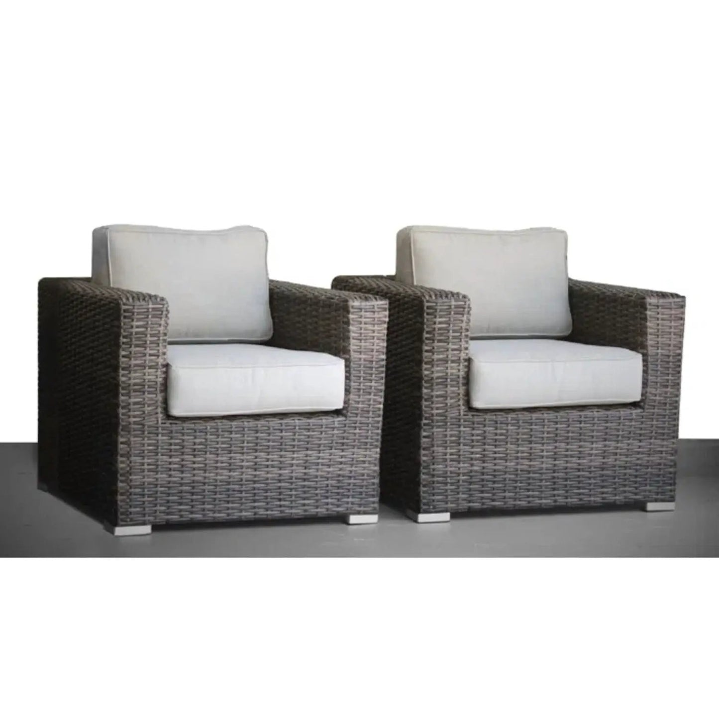 Patio arm chairs in brown wicker with gray cushions, 2-piece set on Tampa Home & Garden Store