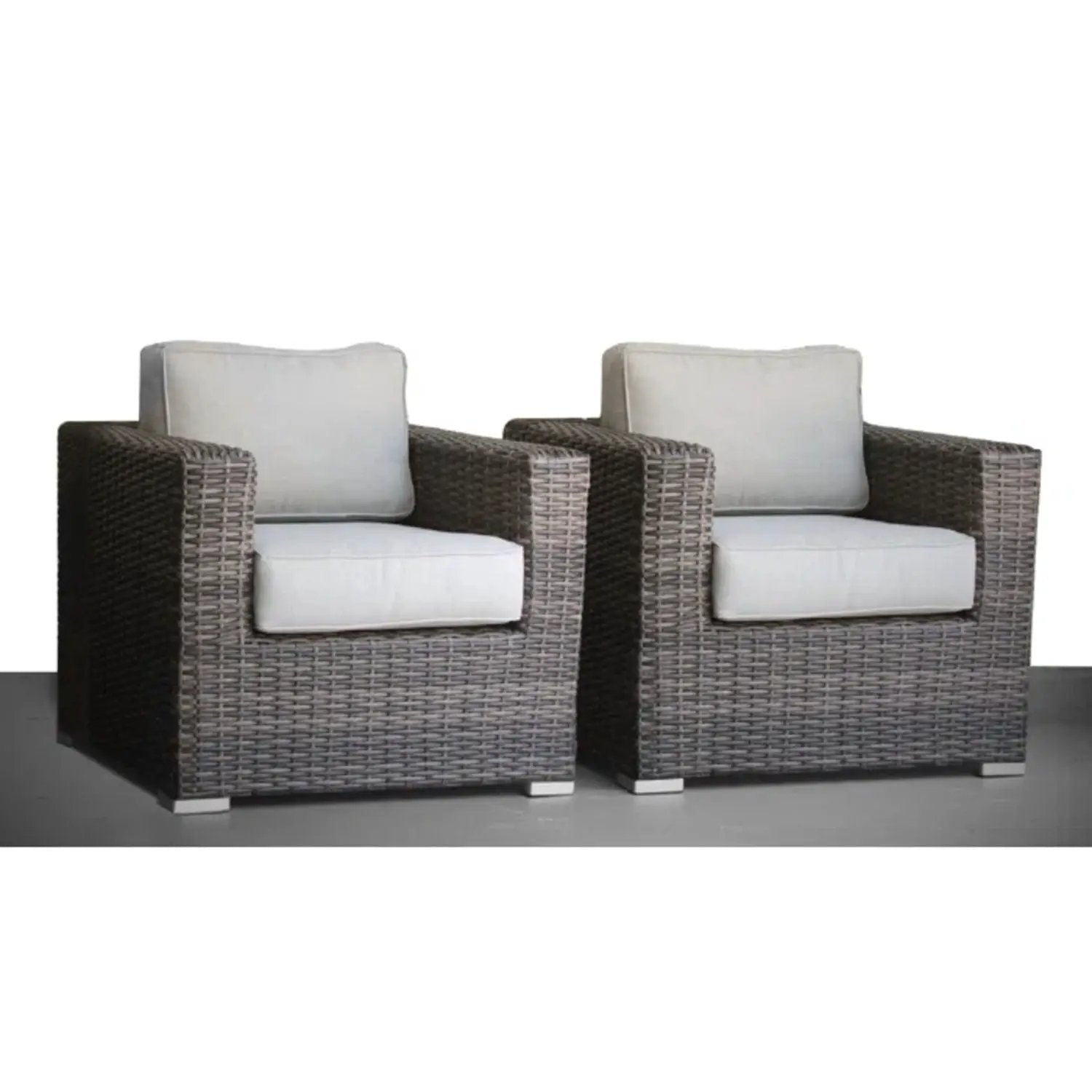 Patio arm chairs in brown wicker with gray cushions, 2-piece set on Tampa Home & Garden Store