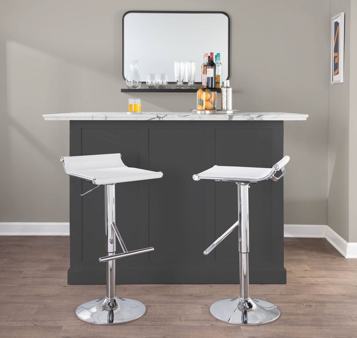 Pair of white adjustable-height bar stools with swivel and footrests, chrome pedestal bases on Tampa Home & Garden Store