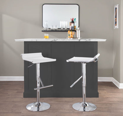 Pair of white adjustable-height bar stools with swivel and footrests, chrome pedestal bases on Tampa Home & Garden Store