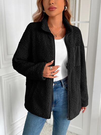Winter warm zip-up jacket, Stevvex black teddy fleece outerwear with front zipper on Tampa Home & Garden Store