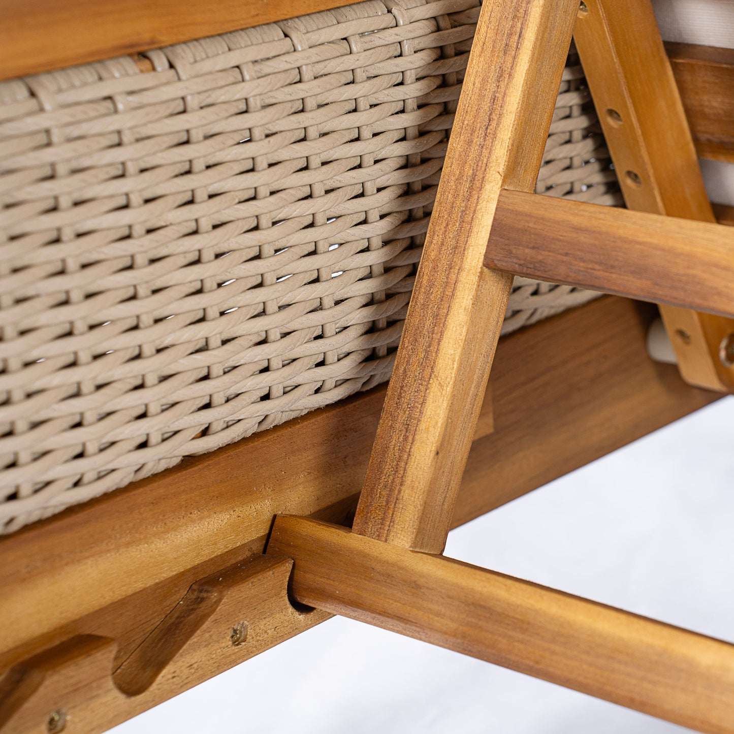 76.8in solid acacia wood sun loungers set of 2 with cushions, woven rattan back and wood frame on Tampa Home & Garden Store